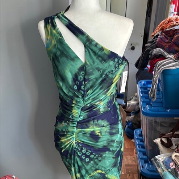 Donna Morgan Green Blue Asymmetrical Ruched Sheath Dress - Picture 4 of 6